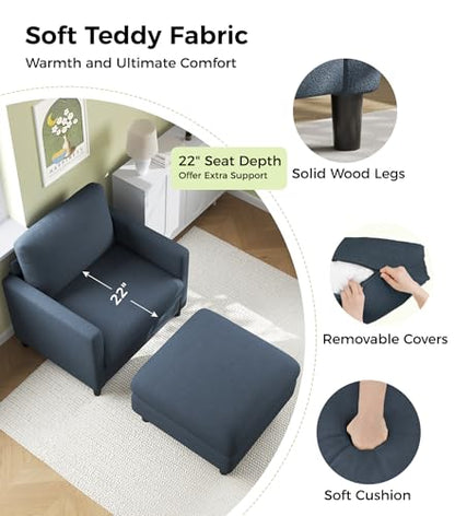 Welzona Sofa Accent Chair with Ottoman, 33" Teddy Reading Chair and Ottoman | Comfy Teddy Fabric, Tool-free Setup, Washable Covers, All-wood Chair and Ottoman Sets for Living Room, Bedroom, Blue Grey - color: Blue Grey, size: standard & ottoman