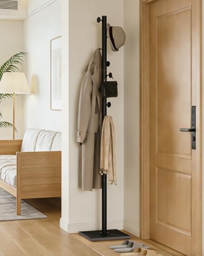 Clothes Rack Freestanding, Coat Tree with 8 Hooks, Black | Small Standing Cloth Hanger with Heavy Rock Slab Base, Modern Metal Garment Rack with 8 Hooks for Bedroom, Office - color: Black