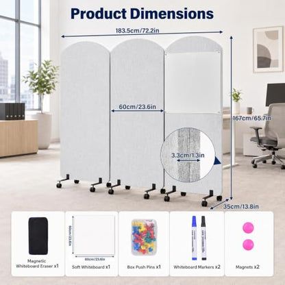 3-Panel Office wall Divider W/Wheels, 72 x 66 in Portable Partition wall | Office Dividers for Sound Proofing & Reducing, Freestandings Privacy Cubicle Temporary Wall with Whiteboards, pen, thumbtacks - color: Light Gray