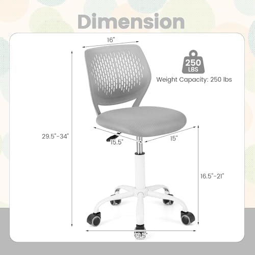 POWERSTONE Small Home Office Desk Chair, Swivel Rolling Study Computer Chair, Adjustable Height Task Chair with Armless Mid Back, Upholstered Mesh Seat, Grey - color: Grey