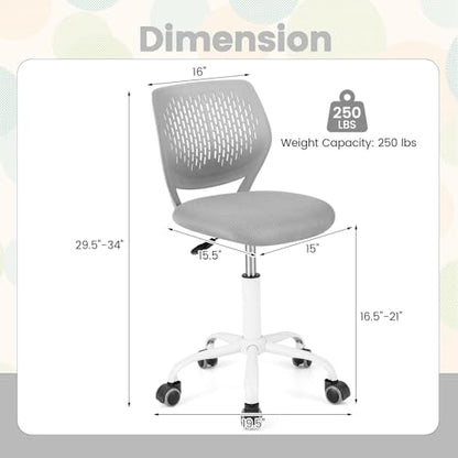 POWERSTONE Small Home Office Desk Chair, Swivel Rolling Study Computer Chair, Adjustable Height Task Chair with Armless Mid Back, Upholstered Mesh Seat, Grey - color: Grey