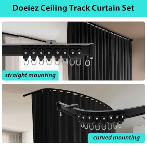 Room Divider Blackout Curtains Flexible Sliding Tracks Sets Ceiling Mounted Rod Window Curtain Privacy Separation for Bedroom Living Rooms,1 Panel Black Drape and Black Track Set-W180xH72 in - color: Black, size: 180"W x 72"L (Pack of 1)
