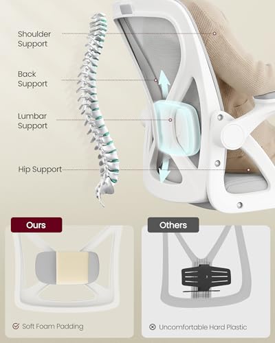 VASAGLE Chair, Adjustable Ergonomic Mesh with Lumbar Support | Office chair with 90-105° tilt function, wide seat, flip-up armrests, Dove Gray UOBN045GD01S - color: Dove Gray, size: Set of 1, style: Office Chair Without Headrest