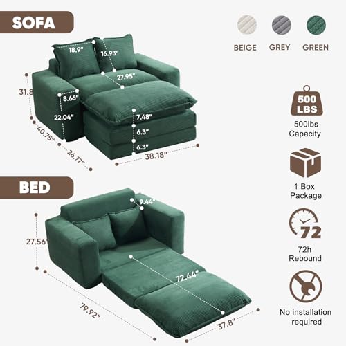 58" Sofa Bed with Ottoman, 3 in 1 Convertible Sofa Bed Folding Corduroy Boneless Sleeper Loveseat Mattress Futon Pull Out Couch Bed for Apartment Bedroom Living Room No Assembly 58-Green-L