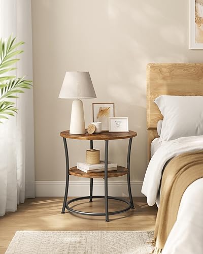 VASAGLE 21.7-Inch Round Side Table, 2-Tier End Table | Nightstand with Steel Frame, Spacious Top, for Small Spaces, Living Room, Bedroom, Rustic Brown and Ink Black ULET56BX - color: Rustic Brown + Ink Black, style: Without Power Strip