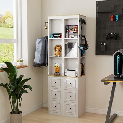 RASOO 73.03" CD Storage Tower, White Tall Narrow Bookcase Bathroom Storage Cabinet Media Tower Rack Multi-Functional Skinny Display Bookshelf with Drawers and Headphone Hook - size: RY0038