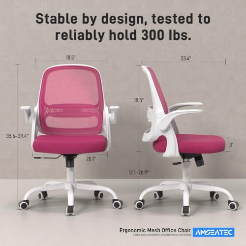 amseatec Ergonomic Mesh Desk Chair with Flip-Up Arms, Supports 300 lbs | Aerospace-grade frame, Mesh & 3" foam seat. 90-110° rocking, height adjustable, 360° swivel. - color: Pink