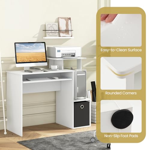 Tangkula Computer Desk with Fabric Drawer & Keyboard Tray, Space-Saving Study Writing Desk with Open Storage Shelves & Printer Stand, Modern Home Office Computer Workstation for Small Spaces (White)
