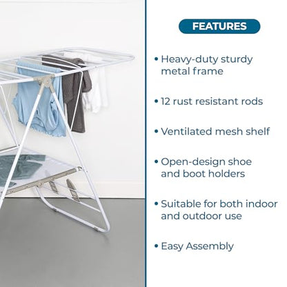 Honey-Can-Do Heavy-Duty Gullwing Clothes Drying Rack, 50 lb, White | Gullwing rack adds 46 ft of drying space with dedicated shoe bars. Sturdy metal, 50 lb capacity, folds flat. - color: White, size: 57" W