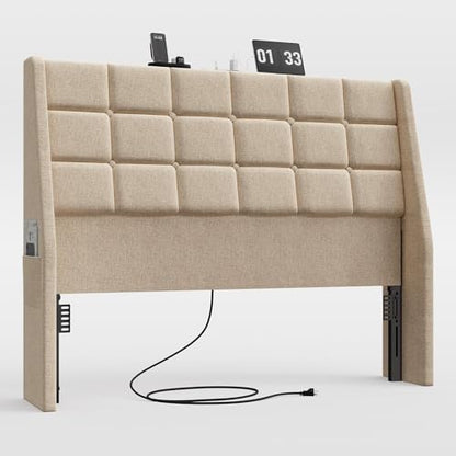 Ergonomic Upholstered Full Size Headboard w/Charging Station, Linen Wingback Headboards w/Storage Pocket, Full Headboard Only, Bed Frame Adapters, Sturdy Solid Wood Bed Head Board, Beige - color: Beige, size: Full