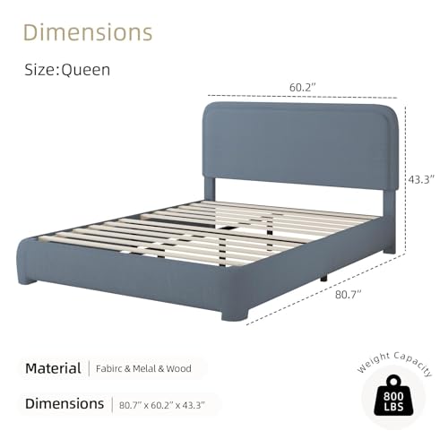 BarnFurin Queen Bed Frame, Cloud Boucle Headboard, Rounded Corners, Blue | Soft boucle and rounded edges create a low-profile cloud look. Wooden slats support the mattress without a box spring - color: Blue, size: Queen