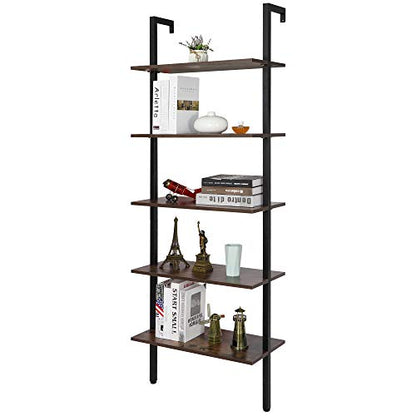 ZenStyle 5-Shelf Wood Ladder Bookcase, Industrial Wall Mount Ladder Bookshelf with Black Metal Frame, Vintage Brown/Black