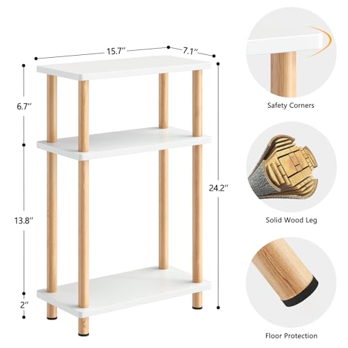 Apicizon Small Narrow Side Table, 3-Tier End Table, White Natural | Sofa Side Table, Slim End Table, Wood Storage Shelf, Slim Nightstand Bedside Table for Narrow Spaces, Living Room, Bedroom - color: White and Natural, style: Narrow Side Table