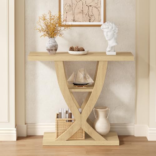FAVOOSTY 39.4" Entryway Table, 3 Tier Hallway Table, Console Tables for Living Room, Narrow Entrance Table with Storage, Sofa Table Behind Counch, Accent Table for Entry Foyer, Natural Brown - color: Natural Brown