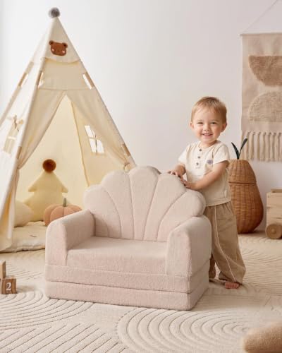 Blissful Diary Kids Couch, 2-in-1 Soft Kids Sofa, Kids Sofa Chair, Comfy Kids Furniture for Playroom, Reading & Play, Shell Beige - color: Shell Beige