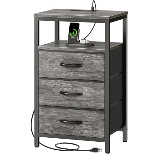 Huuger Nightstand with Charging Station, 27.6 Inch Bedside Table,Side Table | Night Stand with USB Ports and Outlets, End Table with Fabric Drawers, Night Stand with Charger Station, Grey - color: Grey, size: 11.8"D x 15.7"W x 27.6"H (3 Drawers)