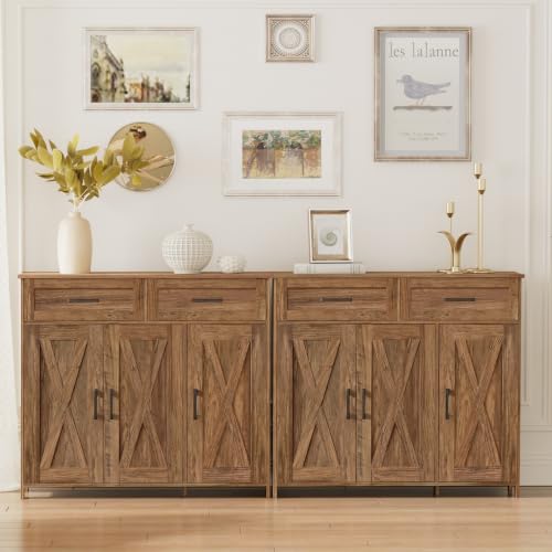 Homhedy Coffee Bar Storage Cabinet with Drawers, Kitchen Buffet Cabinet | Sideboard Cabinet with Doors, Farmhouse Buffet Cabinet, Adjustable Shelves, for Kitchen / Dining / Living Room, Rustic Walnut - color: Rustic Walnut