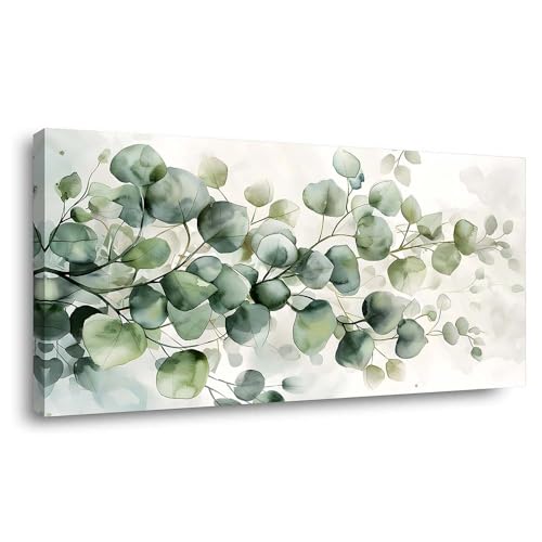 ZESTRILIA Soft Green Eucalyptus Leaves Canvas Wall Art, Calming Watercolor Botanical Leaf Print, Elegant Greenery Wall Decor for Bedroom Office Living Room (40x20 Inch) - color: Green Eucalyptus Leaves