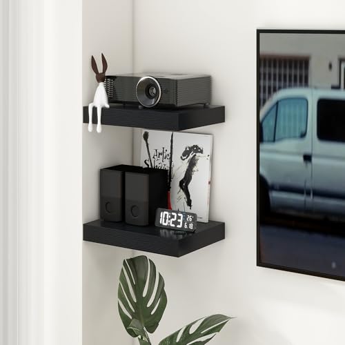 12 Inch Deep Floating Shelves, 16 Inch Black Wall Shelves Set of 2 | Invisible Brackets, Engineered Wood, Mounting Hardware Included, 35LBS, Bathroom, Laundry Room, Kitchen, Living Room - color: Black, size: 16W x 11.6D x 2H, 2 Pack
