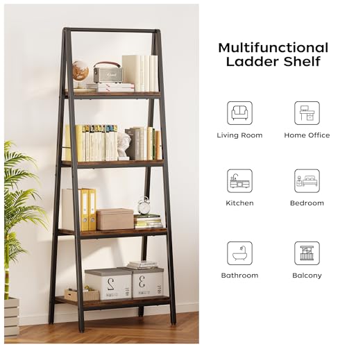 Homeiju Ladder Shelf, 4-Tier Leaning Ladder Bookshelf, Rustic and Wood Ladder Shelf Bookcase, Industrial Ladder Shelf Storage Rack for Home Office, Bedroom, Bathroom or Kitchen
