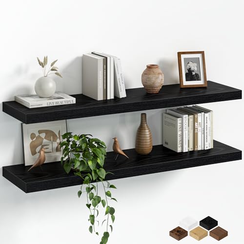 Fun Memories Floating Shelves for Wall, 36 Inch Long Set of 2 Rustic Wood Wall Shelves with Invisible Brackets, Heavy Duty Storage Display for Living Room Bedroom Kitchen, Black - color: Black, size: 36"W x 6.5"D, Set of 2