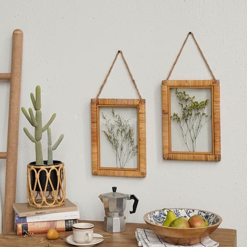 NIKKY HOME Rattan Framed Botanical Wall Art Set of 2 Natural Dried Flowers Grass Plant Artwork with Clear Glass Display Frame and Jute Rope Gallery Wall Decor Living Room Decor