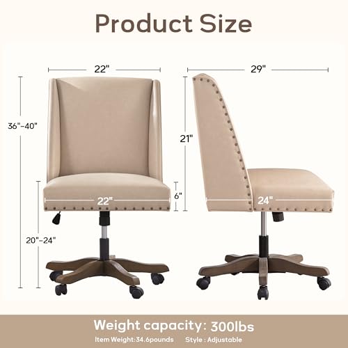 Upholstered Armless Office Chair Faux Leather Swivel Home Desk Office Chair | Modern Comfy Boho Office Chair with Wheels Adjustable Desk Chair no Arms for Sewing Women Farmhouse Study Studio PU Beige - color: Pu Beige