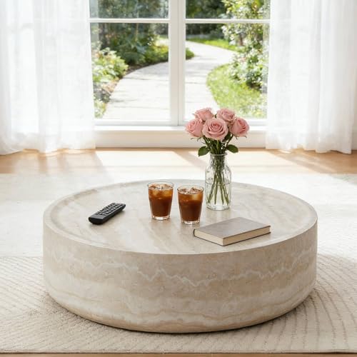 Round Faux Marble Fiberglass Drum Coffee Table, 31.49in Mars, No Assembly - color: 31.49'' Mars Pattern