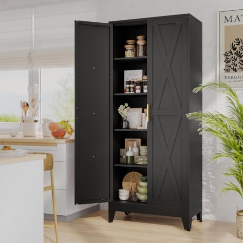 71" Metal Kitchen Pantry Storage Cabinet with 2 Doors and 4 Adjustable Shelves,Black Farmhouse Pantry Cabinet,Steel Garage Tool Cabinet Freestanding Cupboard for Kitchen,Dinning Living Room - color: 3black, size: 15"D x 29.9"W x 71"H