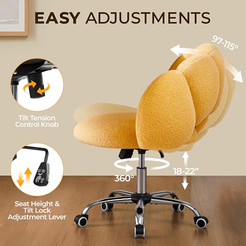 Yaheetech Yellow Petal Boucle Makeup Vanity Desk Chair with Wheels, Swivel | Soft foam-padded boucle fabric fits vanity, bedroom, office or sewing desks; adjustable height, swivel wheels, fast assembly. - color: Yellow