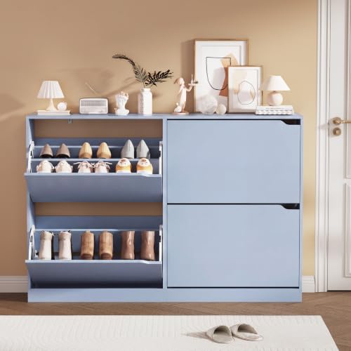 Blue Hidden Shoe Storage Cabinet for Entryway with 4 Flip Drawers | Slim & Narrow Design Saves Space, Adjustable Shelves Fit Various Shoes, Ventilation Reduces Odors, Anti-Tip Safety - color: Blue, size: Regular 4 Drawers