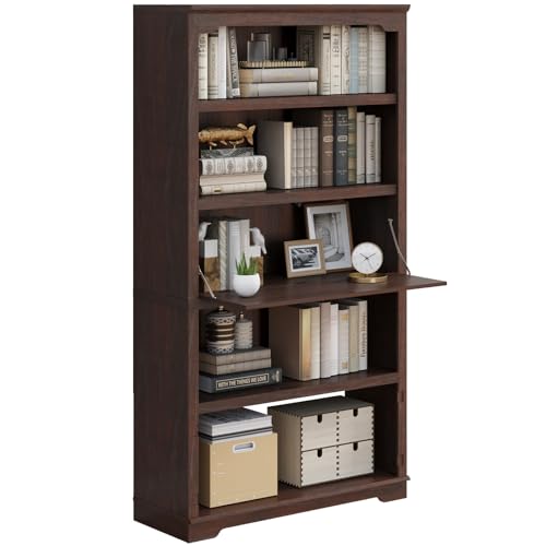 HIFYOBRO 5 Tier Bookshelf and Bookcase, 71" Tall Bookshelves, Cherry | Book Shelves for Living Room, Flip-Down Door on 3rd Book Shelf, Freestanding Open Display Storage for Study Room, Home Office - color: Cherry, size: 5-shelf