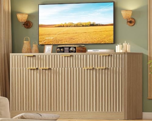 usikey 55" W Large Buffet Cabinet with Storage & Drawers, Sideboard Cabinet with 2 Adjustable Shelves & 4 Doors, Coffee Bar Station, Kitchen Storage Cabinets, Natural