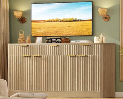 usikey 55" W Large Buffet Cabinet with Storage & Drawers, Sideboard Cabinet with 2 Adjustable Shelves & 4 Doors, Coffee Bar Station, Kitchen Storage Cabinets, Natural