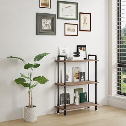 Industrial Bookshelf, Pipe Shelf Bookcase, 3 Tier, 30" Weathered Brown | Solid pine shelves, 30 inch wide, black pipe frame, 35 lbs per shelf, open bookcase for books, plants, office - color: Weathered Brown, size: 30"L × 39"H