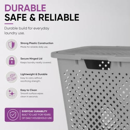 Superio 45L Slim Laundry Hamper with Lid, Perforated Plastic Clothes Basket, Modern Space-Saving Design, Sturdy Laundry Bin with Ergonomic Handles, Grey - color: Grey, size: 1 Pack, style: Laundry Hamper - 45L