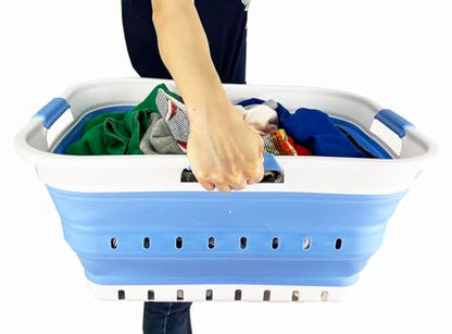 SAMMART 42L (11 gallon) Collapsible Plastic Laundry Basket - Foldable Pop Up Storage Container/Organizer - Space Saving Hamper/Basket (1, White/Little Boy Blue) - color: White/Little Boy Blue
