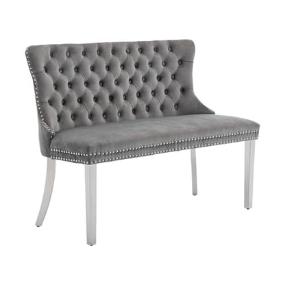 Grey Velvet Dining Bench with Back, Tufted Banquette Seating, Silver Legs | Upholstered loveseat bench; tufted back; nailhead trim; 500 lb capacity; foam and spring seat; dining room or entryway - color: Grey(silver Stainless Steel Legs)