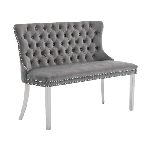 Grey Velvet Dining Bench with Back, Tufted Banquette Seating, Silver Legs | Upholstered loveseat bench; tufted back; nailhead trim; 500 lb capacity; foam and spring seat; dining room or entryway - color: Grey(silver Stainless Steel Legs)