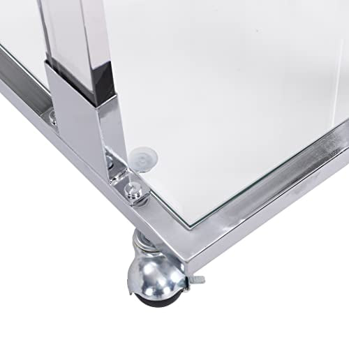 Clear Sofa Side Table C Shaped End Table with Wheels, Rolling Acrylic Bedside Laptop Snack Table TV Tray, Mobile Breakfast Tray Table with Tempered Glass Shelves and Clear Acrylic Frame - color: Acrylic Clear, Silver