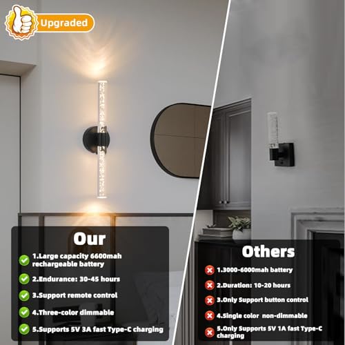 Battery-Operated Wall Sconces Set of 2, Black 20'' Rechargeable Crystal Bubble Wall Sconce with Remote Control, 3000K-6000K Dimmable LED Wireless Wall Lights for Living Room Bedroom Hallway - color: Black