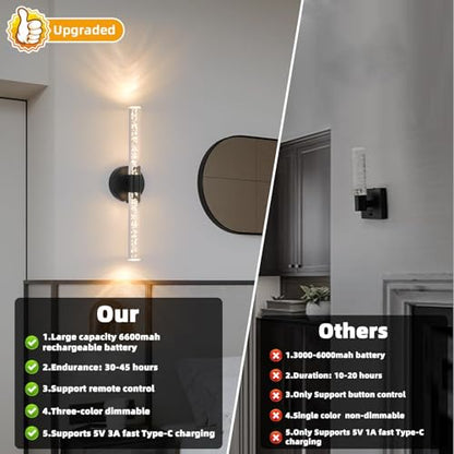 Battery-Operated Wall Sconces Set of 2, Black 20'' Rechargeable Crystal Bubble Wall Sconce with Remote Control, 3000K-6000K Dimmable LED Wireless Wall Lights for Living Room Bedroom Hallway - color: Black