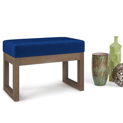 SIMPLIHOME Milltown 27" Wide Velvet Rectangle Ottoman in Blue | Blue, contemporary velvet ottoman with a cushioned seat for extra seating in the bedroom; footstool, footrest or pouf. - color: Blue, style: Small Ottoman Bench