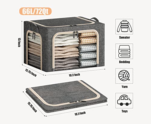 3 Openings Large Clothes Storage Bins with Metal Frame, Foldable Storage Bin for Clothes, Clothing Storage Bins with Lid, Linen Storage Box With Clear Window＆ Zippers＆ Handles.(3 Pcs,Dark Grey,66L) - color: Dark Grey, size: Large-(19.7 x 15.7 x 13)inches