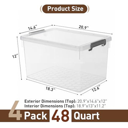 Citylife 48 Qt Ultra-Thick (3.82mm) Clear Plastic Storage Bins with Lids, 4-Pack Stackable Straight-Wall Closet Organizers with Honeycomb Base & Pinch-Free Latches for Garage, Clothes & Holiday Decor - size: 48 QT, style: 4 Pack