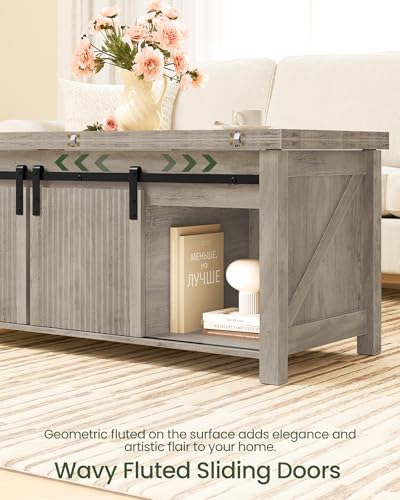 Lift Top Coffee Table, 4 in 1 Convertible Coffee Table, Farmhouse Coffee Tables, with Hidden Compartments, with Sliding Doors, for Living Room, Apartment, Greige MKF01FH - color: Greige