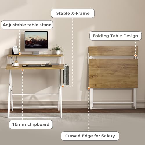 Small Desk No Assembly,31.5Inch 2-Tier Compact Computer Desk with Shelf & Side Pocket,Space Saving Foldable Table for Home Office, Bedroom or Apartment,Portable Collapsible Sturdy Laptop Desk,Oak - color: Oak
