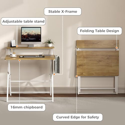 Small Desk No Assembly,31.5Inch 2-Tier Compact Computer Desk with Shelf & Side Pocket,Space Saving Foldable Table for Home Office, Bedroom or Apartment,Portable Collapsible Sturdy Laptop Desk,Oak - color: Oak