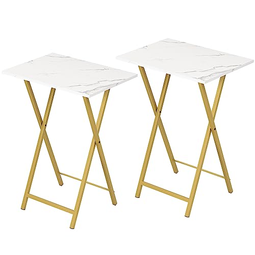 HOOBRO Folding TV Tray Tables, Set of 2 Side Table for Small Space, Industrial Snack Tables for Eating at Couch, Stable Metal Frame, Easy Assembly, Space Saving, Marble and Gold DM25BZ01 - color: Marble + Gold