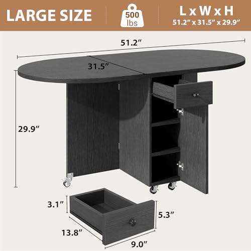 Jocoevol Round Folding Dining Table for 6, Space Saving Drop Leaf Kitchen Table with Storage Drawer, 6 Wheels Oval Gateleg Foldable Dining Table for Small Spaces (Black, 51" x 31.5" x 30") - color: Black